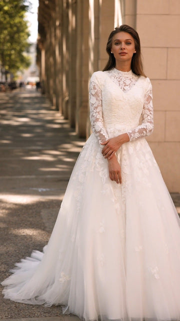 RODDRSYA Long Sleeves Lace Wedding Dress A-Line O-Neck Button Muslim Bridal Gown Applique Tulle Custom Made Robe De Mariée