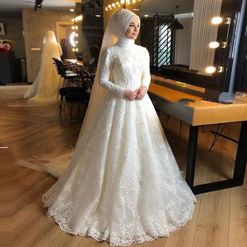 Islamic Ivory Full Lace Pearls Muslim Wedding Dress High Neck Long Sleeve Hijab Bridal Dress Elegant Vestidos De Novia