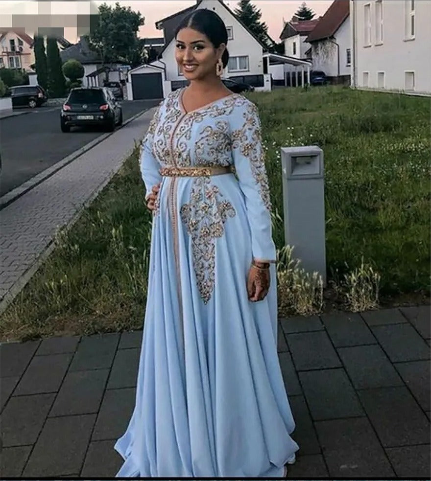 Blue Moroccan caftan Evening Dresses V Neck Crystal Algeria Arabic Muslim Special Occasion Dresses Party Gowns sky Blue