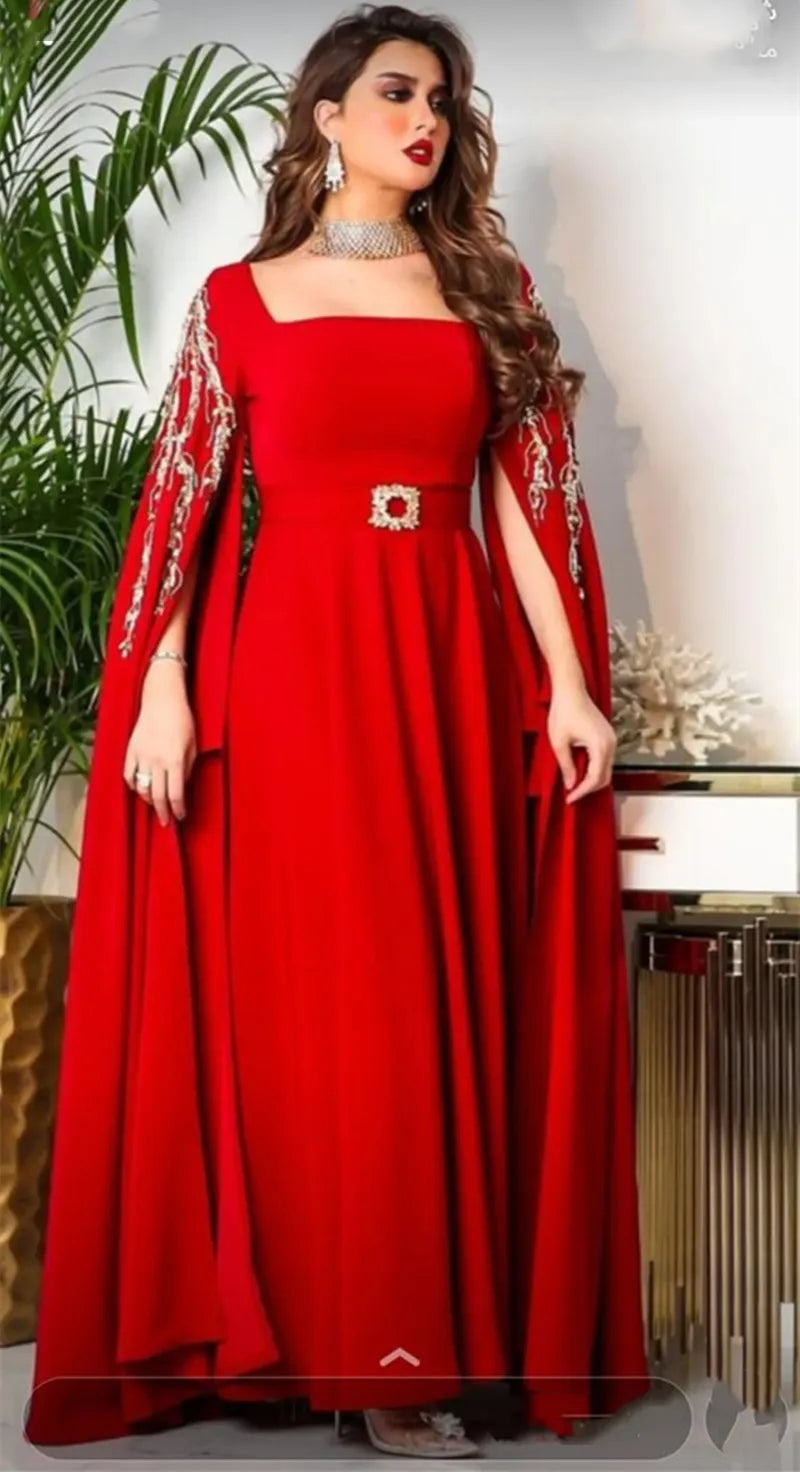 Red Satin A Line Caftan Evening Dresses Long Cape Beads Applique Embroidery Dubai Arabic Women Formal Prom Gowns