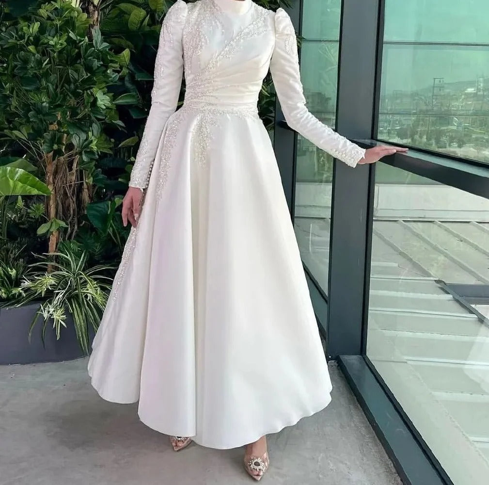 Elegant Hijab Muslim Wedding Dresses Satin Beaded High Neck Dubai Bridal Gown A Line Long Sleeve Vestidos De Novia Short WHITE