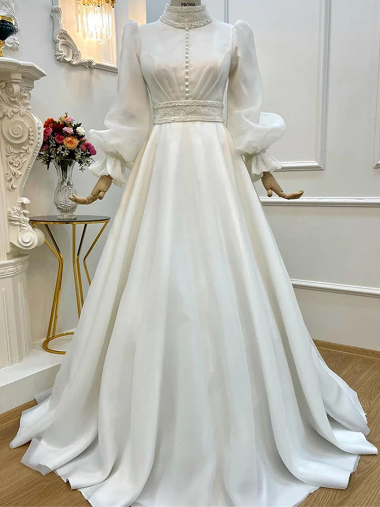 Elegant Muslim Wedding Dresses for Bride A-Line Organza Robe De Mariée Full Sleeves Dubai Arabic Bridal Gowns