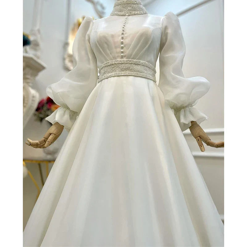 Elegant Muslim Wedding Dresses for Bride A-Line Organza Robe De Mariée Full Sleeves Dubai Arabic Bridal Gowns