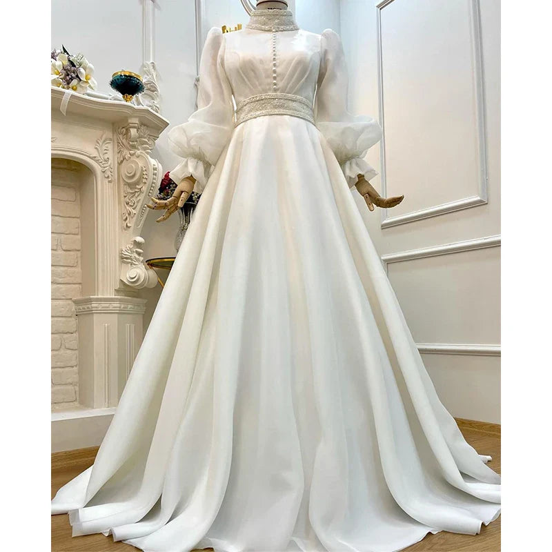 Elegant Muslim Wedding Dresses for Bride A-Line Organza Robe De Mariée Full Sleeves Dubai Arabic Bridal Gowns