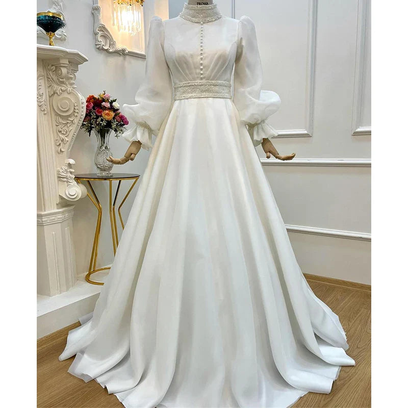 Elegant Muslim Wedding Dresses for Bride A-Line Organza Robe De Mariée Full Sleeves Dubai Arabic Bridal Gowns