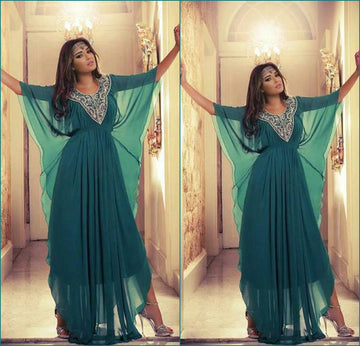 Hunter Green Evening Dresses Chiffon A Line Caftan Arabic Prom Dresses Plus Size Evening Party Gowns