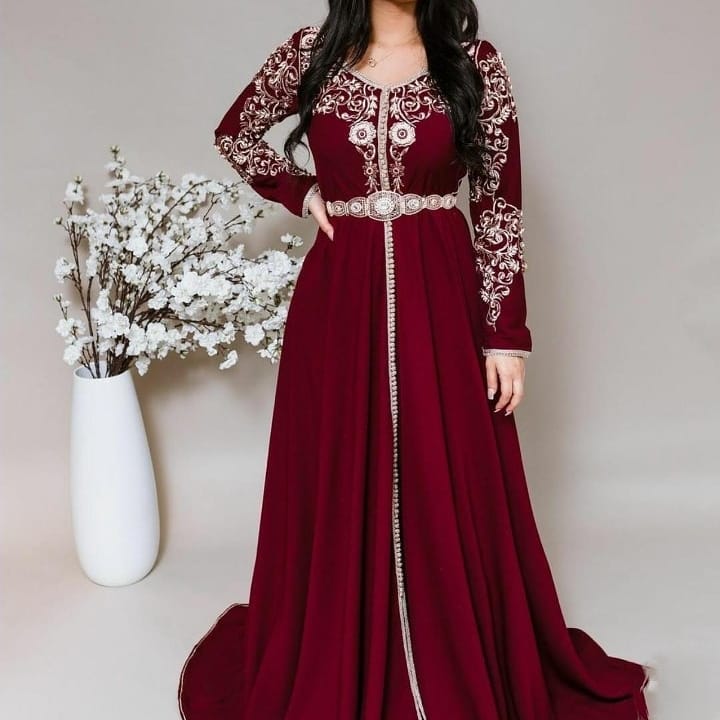 Morocco Caftan Evening Dresses V Neck 3D Flowers Outfit Dubai Prom Dress Velvet Long Sleeve Formal Evening Party Dress Burgundy