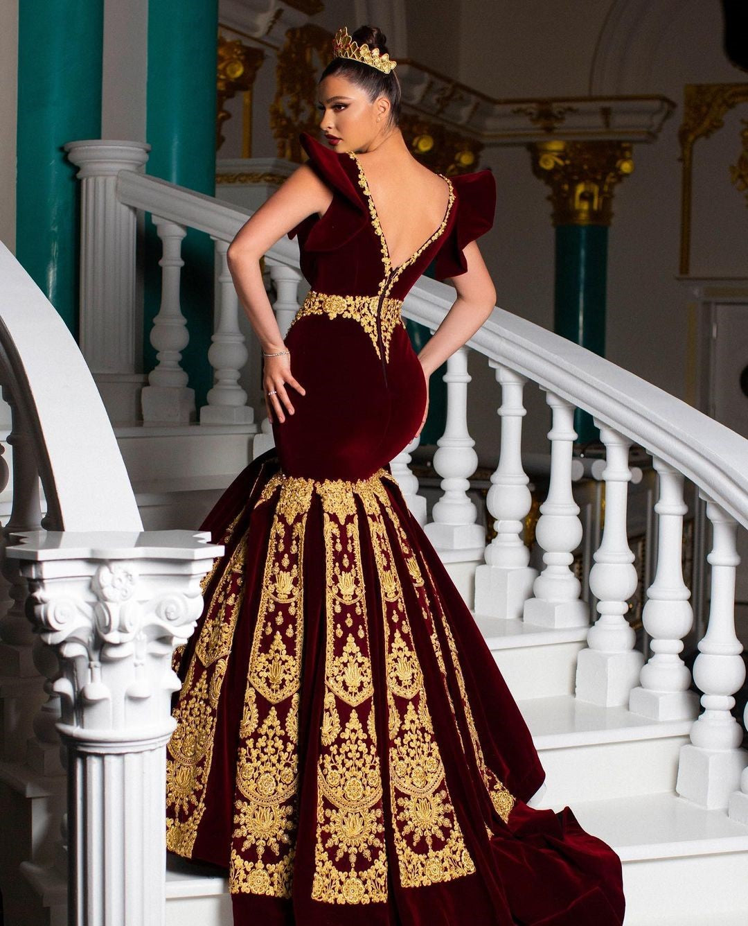 Sexy V Neck Burgundy Mermaid Morocco Caftan Evening Party Dress Gold Lace Velvet Prom Gowns Traditional Women Dresses DARK BURGUNDY