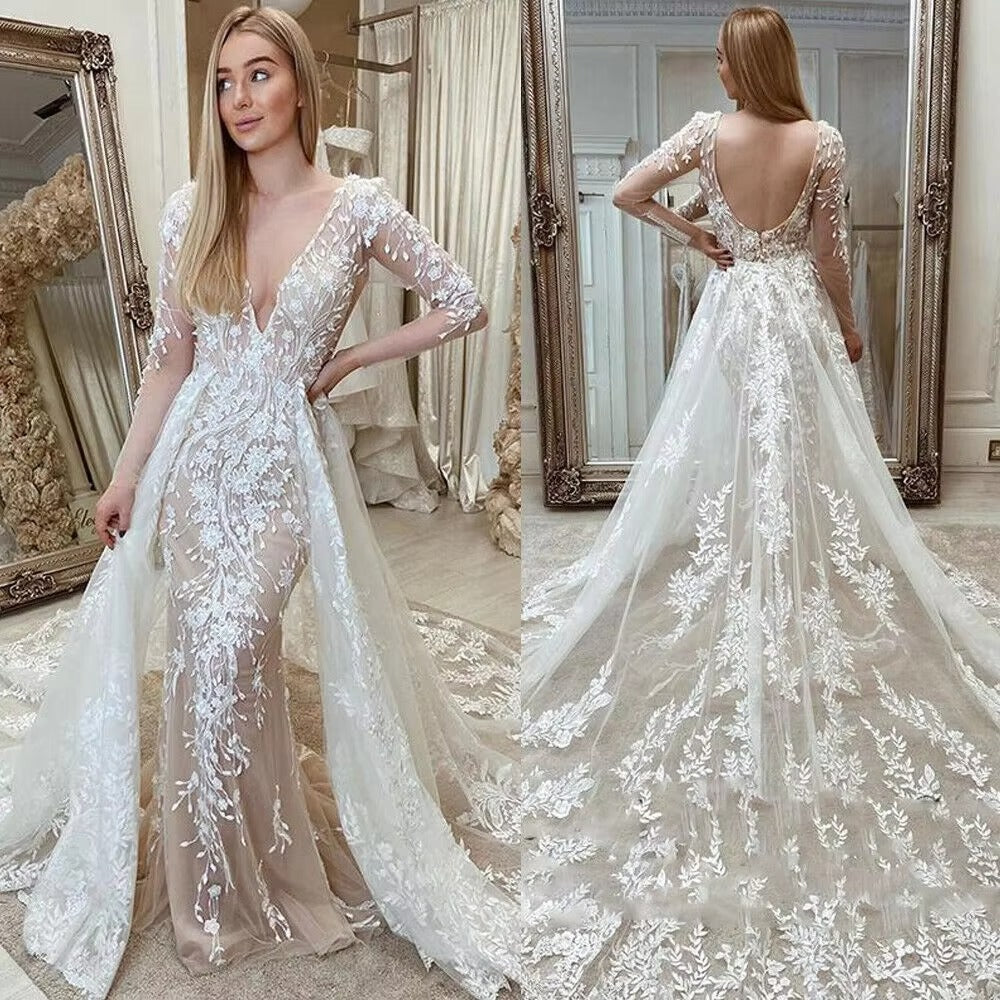 Luxury Detachable 2 In 1 Wedding Dress Embroidered Lace On Net With Train V-neck Sleeveless Vintage Bride Gowns Vestido De Novia