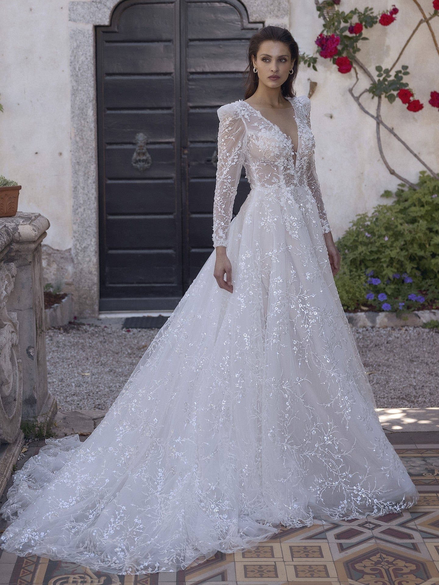 SAROULU Sparkle Appliques Wedding Dress with Long Sleeves Deep V Neck A Line Bridal Gown Illusion Open Back Bride Dress