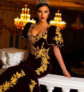 Burgundy Mermaid Morocco Caftan Evening Dresses Short Sleeve Glod Lace Prom Gowns Traditional Evening Party Dress