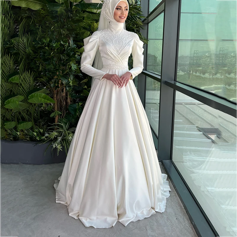 Arabic Long Sleeve Muslim Wedding Dress Bride Islamic Hijab Bridal Gowns High Neck Satin Vestido De Noiva Casamento