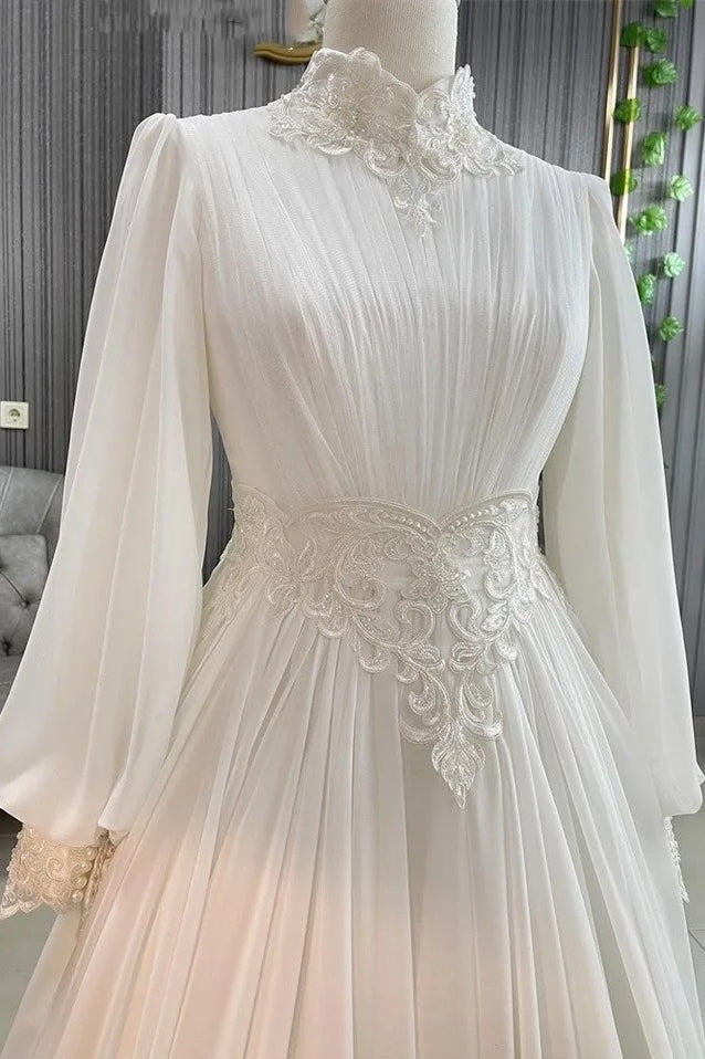 Ivory Wedding Dress for Women Bride A-Line Chiffon Pleated Robe De Mariée Princesse France Lace Muslim Bridal Gowns