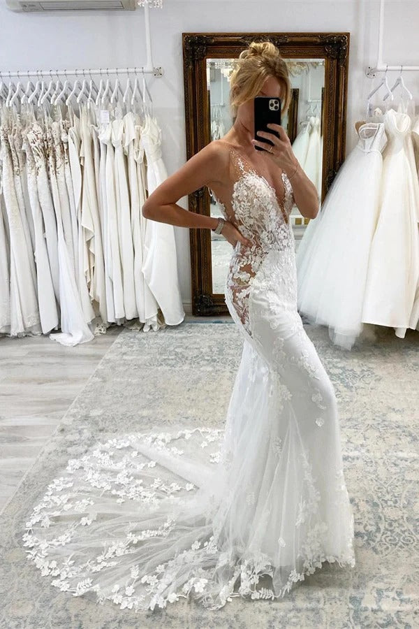 LORIE Elegant Mermaid Wedding Dress Spaghetti Strap Lace Appliques Bride Dresses Puff Tulle Wedding Bridal Gowns Ivory