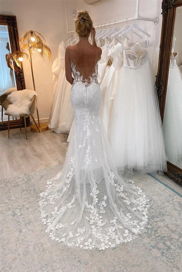 LORIE Elegant Mermaid Wedding Dress Spaghetti Strap Lace Appliques Bride Dresses Puff Tulle Wedding Bridal Gowns