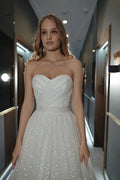 Strapless Glitter Wedding Dress A-line Sequined Shinny Bride Dresses Robe De Mariee Sleeveless Pleated Wedding Gown