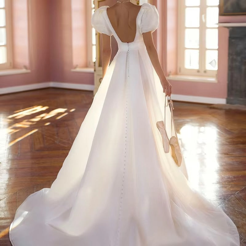 V Neck Wedding Dress Gelinlik Slit Skirt Beading Shiny Vestidos De Novia Short Sleeves Backless Simple Robe Mariage Bridal Gown 28W