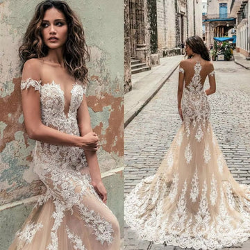 Luxury Mermaid Lace Wedding Dresses White Open Back Deep V-neck Off The Shoulder Bridal Gowns Sweep Train Vestido De Novia