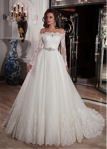 Vintage Boat Neck Tulle With Applique Lace A-line Long Sleeve Wedding Dress With Crystal Belt casamento Bride Dress 26W