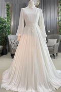 Ivory Wedding Dress for Women Bride A-Line Chiffon Pleated Robe De Mariée Princesse France Lace Muslim Bridal Gowns