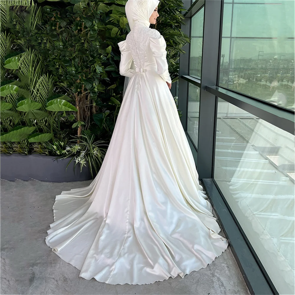 Arabic Long Sleeve Muslim Wedding Dress Bride Islamic Hijab Bridal Gowns High Neck Satin Vestido De Noiva Casamento Ivory