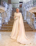 Long Sleeve Muslim Evening Dress Elegant Satin Beaded Lace Arabic Hijab Formal Party Dress Vestido Fiesta Boda Invitada