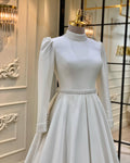 Elegant Ivory Satin High Neck Wedding Dresses Modest A-Line Long Sleeve Bridal Gowns For Bride Dubai suknia ślubna