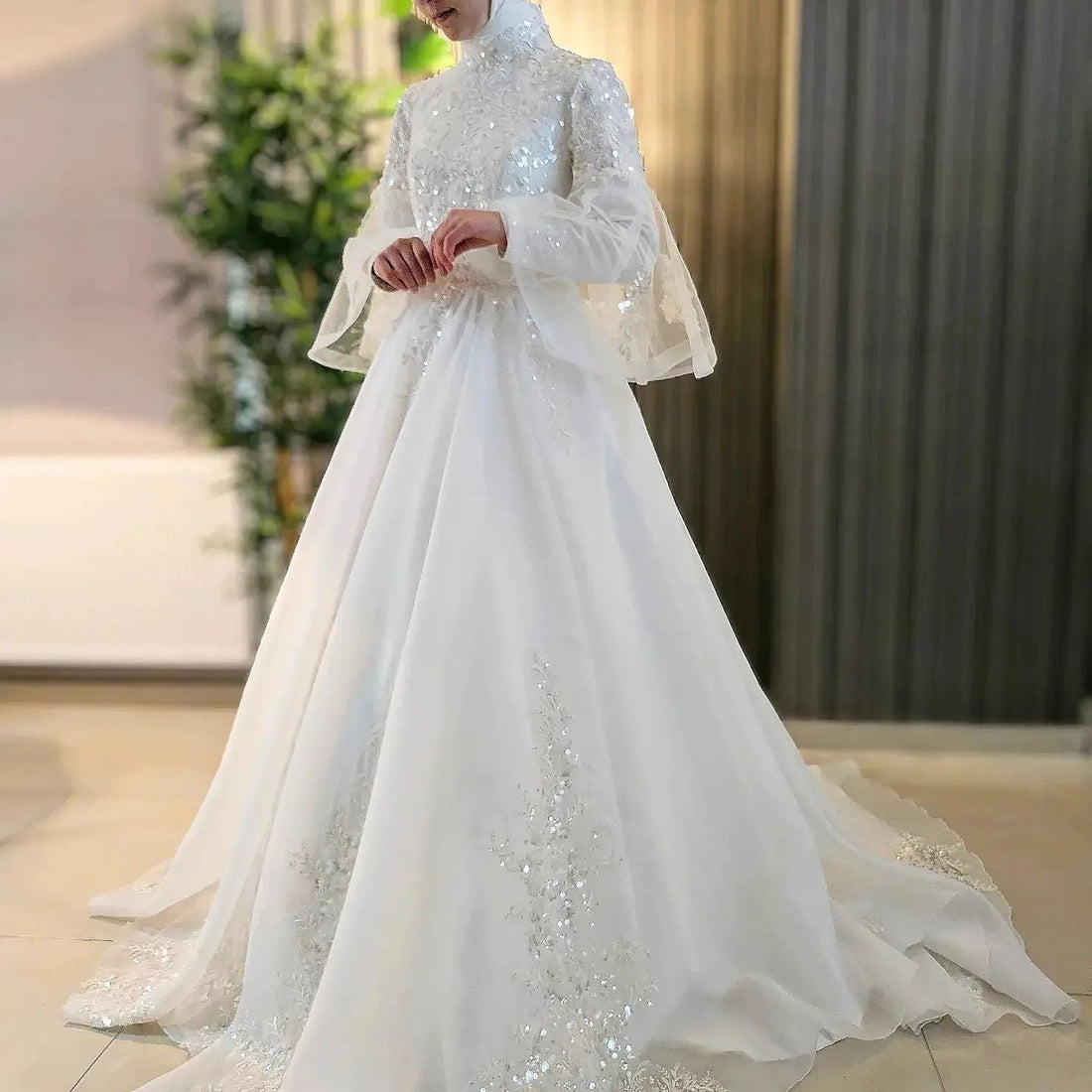 High Neck Full Sleeves Muslim Wedding Gown Arabic Dubai Bridal Dress For Bride Lace Beaded Hijab Robe De Mariée Princesse Ivory