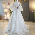 High Neck Full Sleeves Muslim Wedding Gown Arabic Dubai Bridal Dress For Bride Lace Beaded Hijab Robe De Mariée Princesse