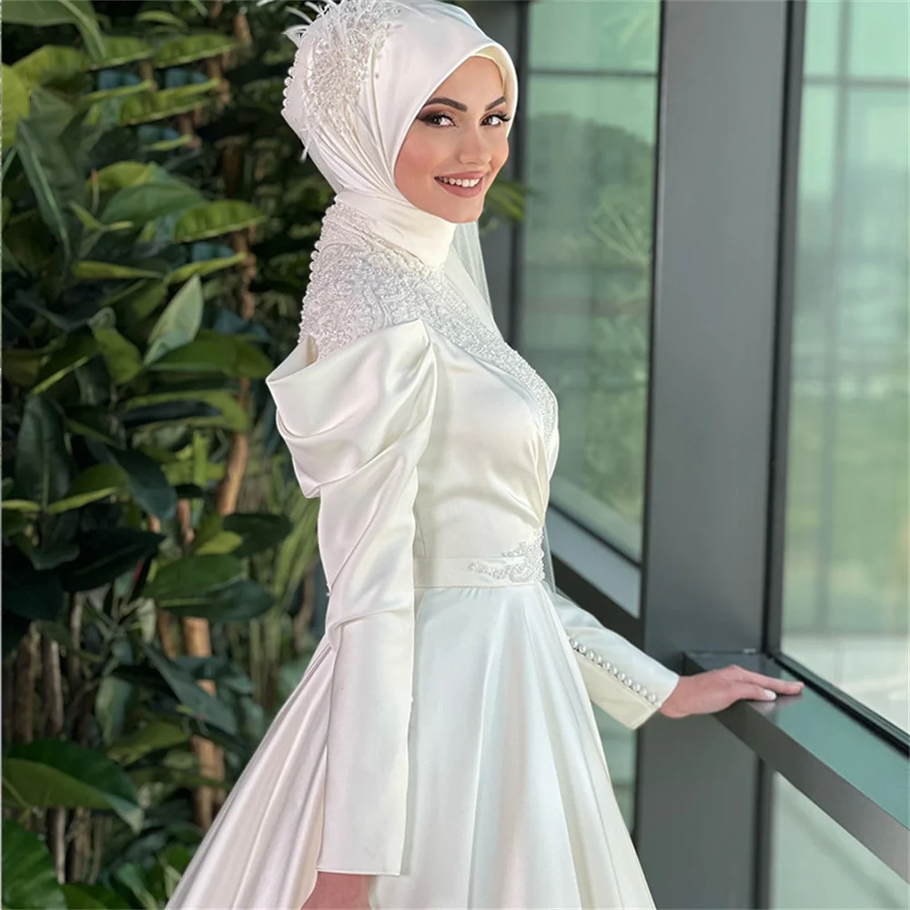 Arabic Long Sleeve Muslim Wedding Dress Bride Islamic Hijab Bridal Gowns High Neck Satin Vestido De Noiva Casamento