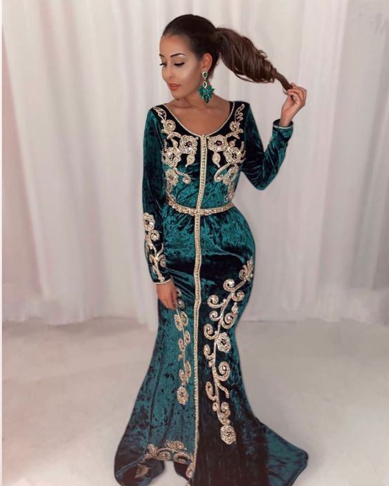 Caftan Hunter Green Mermaid Prom Dress Sexy V Neck Velvet Long Sleeve Gold Lace Evening Gowns Formal Party Dress Hunter Green