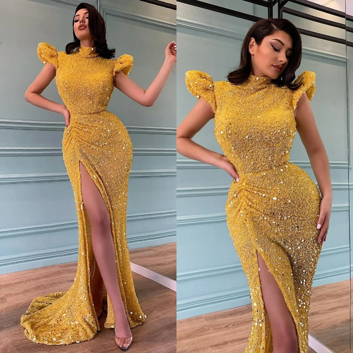 Luxury Crystal sequin Mermaid Evening dress High neck wrap hip side slit with floor length elegant ladies PROM party dress