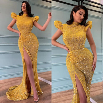 Luxury Crystal sequin Mermaid Evening dress High neck wrap hip side slit with floor length elegant ladies PROM party dress