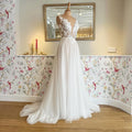 Sexy Illusion Lace Appliques Beach Wedding Dress Boho Detachable Tulle Sleeve Chic Bridal Gowns