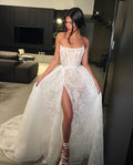 LORIE Texture Flat Lace Wedding Dresses A Line Strapless Bride Dress Side Split Wedding Gowns