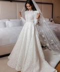 Graceful Lace A Line Wedding Dresses High Neck Button Muslim Arabic Bridal Gown Long Sleeve beach Church Robe de mariage