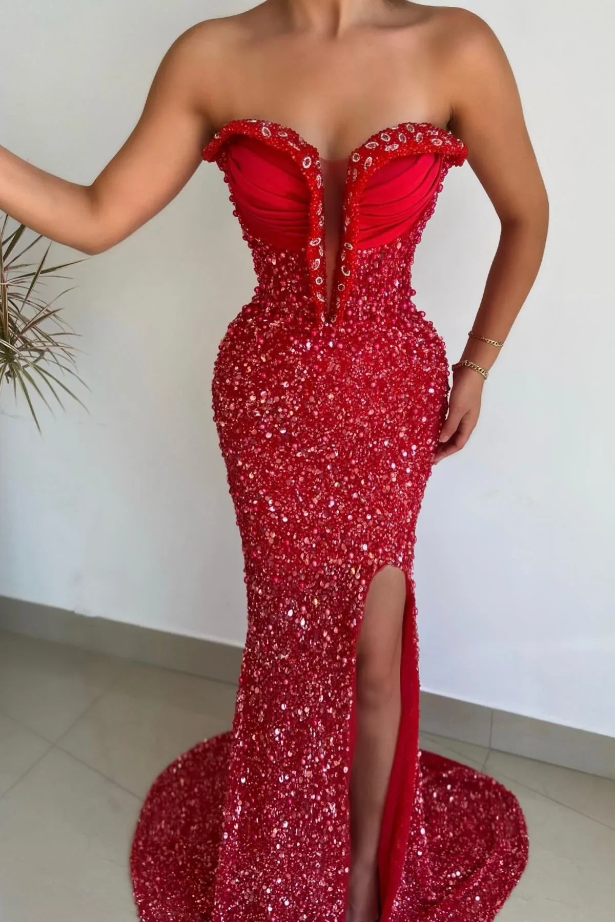 Sansa Luxury Red Glitter فساتين السهرة Strapless Deep V-neck Mermaid Vestidos De Noche Sleeveless Sexy Side Split Prom Dresses