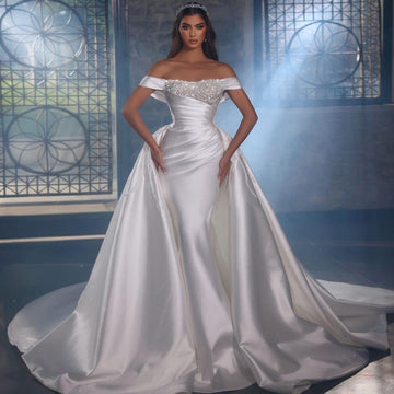 Luxury Mermaid Wedding Dresses Sparkle Beading O Neck Pleat Satin Ball Gowns Detachable Train Formal Bride Beach Party 웨딩드레스