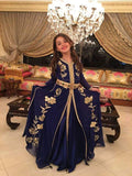 Navy Blue Chiffon Girl Morocco Caftan Evening Dress Long Sleeve Party Dress Lace Longo Dubai Special Occasion Dresses