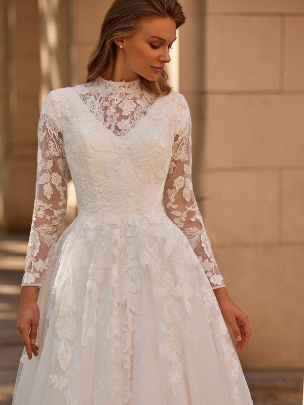 RODDRSYA Long Sleeves Lace Wedding Dress A-Line O-Neck Button Muslim Bridal Gown Applique Tulle Custom Made Robe De Mariée