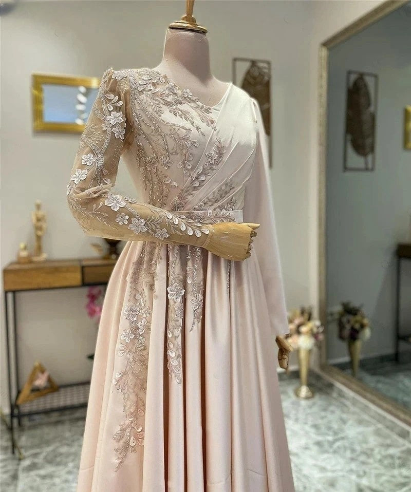 A-Line Pink Muslim Evening Dresses Long Luxury Beading Flowers Lace Women Formal Dress With Sleeves Satin Vestidos De Gala