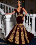 Sexy V Neck Burgundy Mermaid Morocco Caftan Evening Party Dress Gold Lace Velvet Prom Gowns Traditional Women Dresses