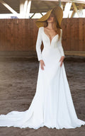 Simple Long Sleeves Wedding Dresses Sexy Deep V Neck Bridal Gown Backless Sweep Train Civil Robe De Mariee Country Marriage