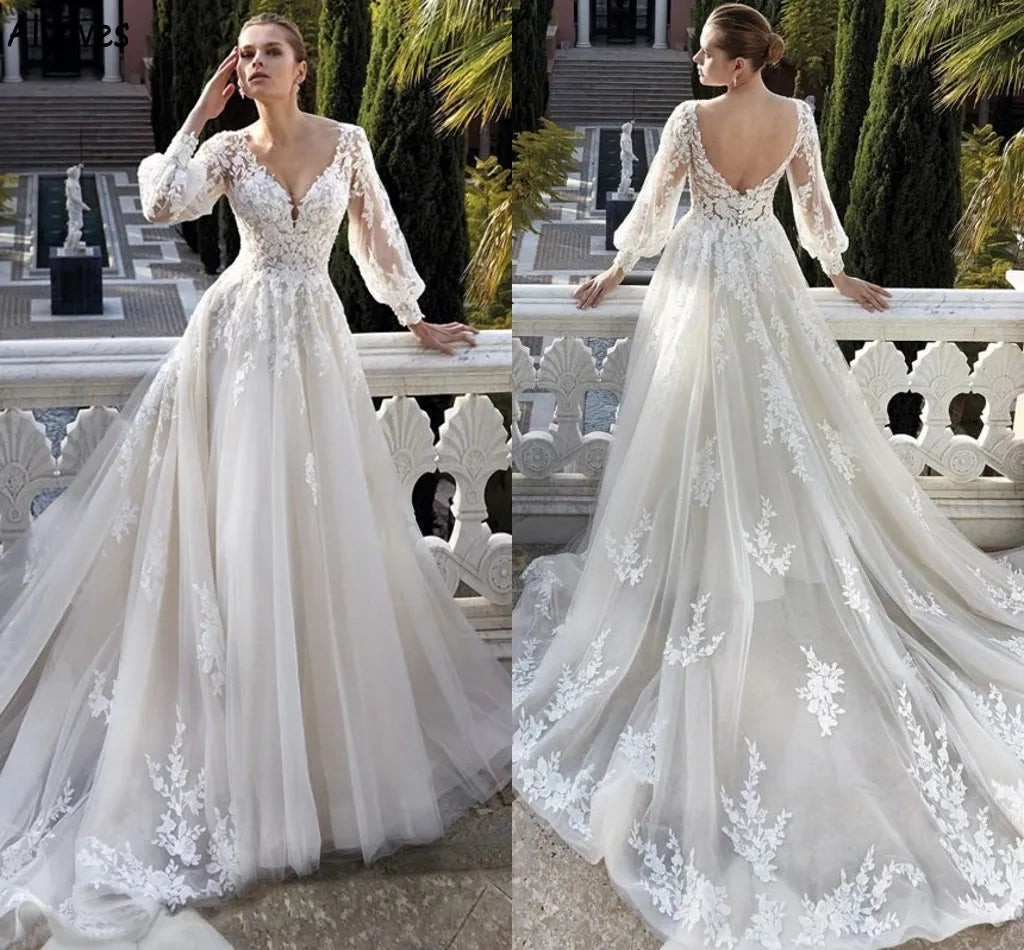 Modest Long Sleeve Wedding Dress Classic Lace Appliques Bride Robe Elegant Vintage A-line Tulle Long Bridal Gown Robe De Mariée