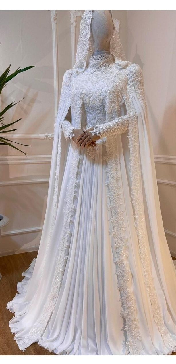 Muslim Long Sleeve Dubai Islamic Wedding Dresses for Bride Appliques High Neck Lace Hijab Bridal Gown Arabic Robe De Mariée