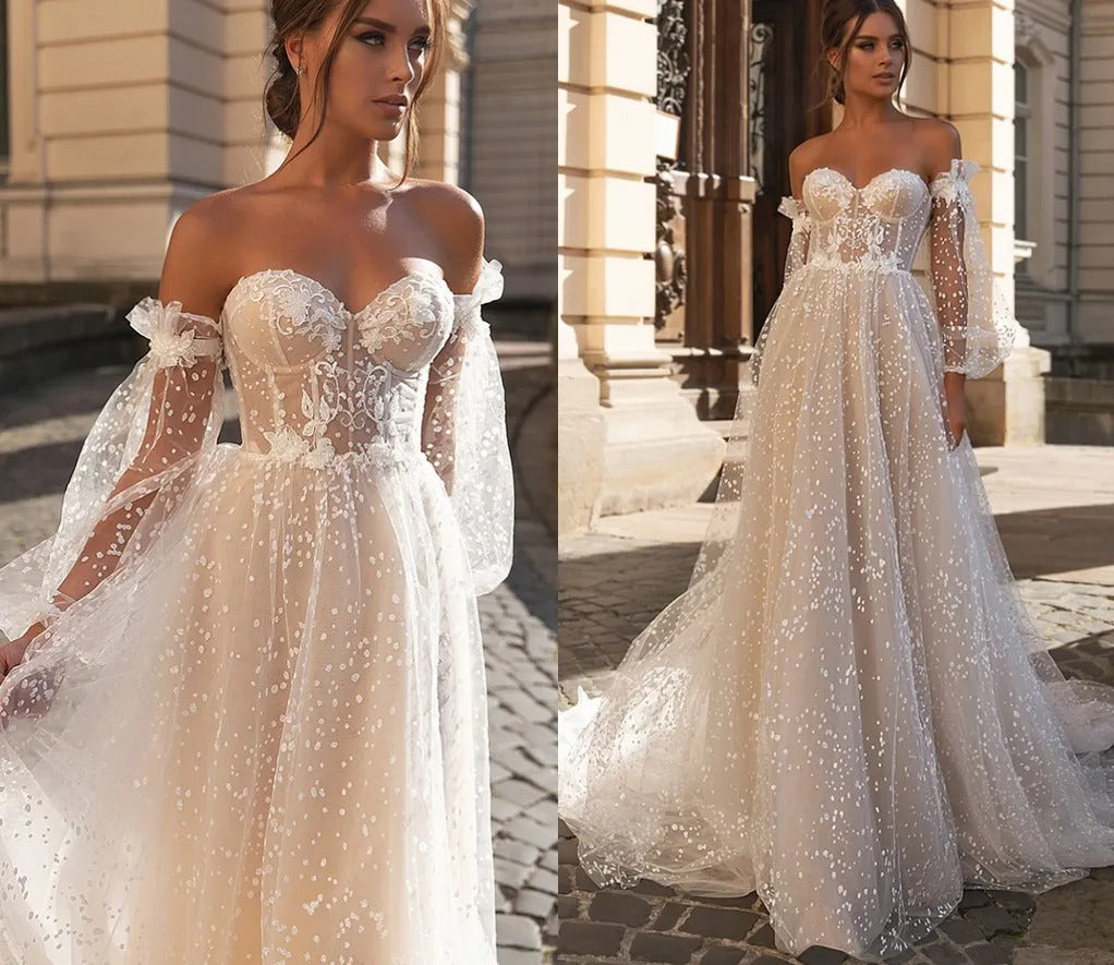 Flavinke Sexy Sweetheart Strapless Puff Sleeves A-Line Wedding Dresses For Bride Backless Glitter Dot Tulle Robe De Marié 2024