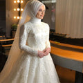 Islamic Ivory Full Lace Pearls Muslim Wedding Dress High Neck Long Sleeve Hijab Bridal Dress Elegant Vestidos De Novia