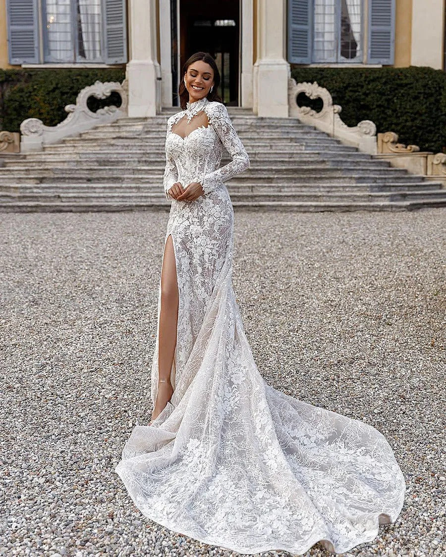 Modest High Collar Long Sleeve Wedding Dress Classic Lace Appliques Bridal Gown Graceful Mermaid Bride Robe Vestidos De Novia