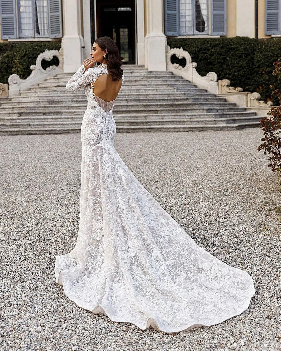 Modest High Collar Long Sleeve Wedding Dress Classic Lace Appliques Bridal Gown Graceful Mermaid Bride Robe Vestidos De Novia