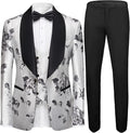 Men Black Lapel Tuxedos Embossed with Flowers Unique Grey&Silver Pattern Blazer Man Young Formal Party Prom Costume 3 Pieces